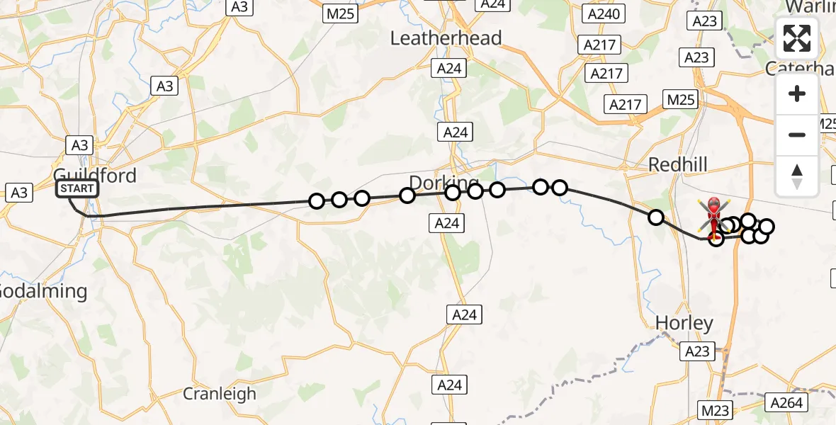 Flight route Air Ambulance Helicopter Guildford - Redhill Aerodrome, 05 August 2026, 00:40