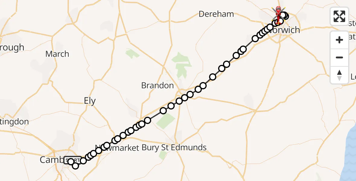 Flight route Air Ambulance Helicopter Cambridge City Airport - Norwich Airport, 05 August 2026, 01:44