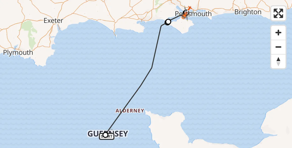 Flight route Coastguard Helicopter Guernsey Airport - Solent Airport, 05 August 2026, 02:53