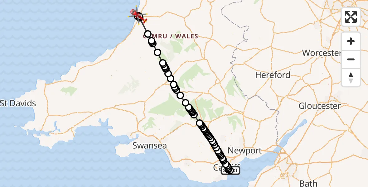 Flight route Air Ambulance Helicopter Cardiff Heliport - Aberystwyth, 05 August 2026, 03:08