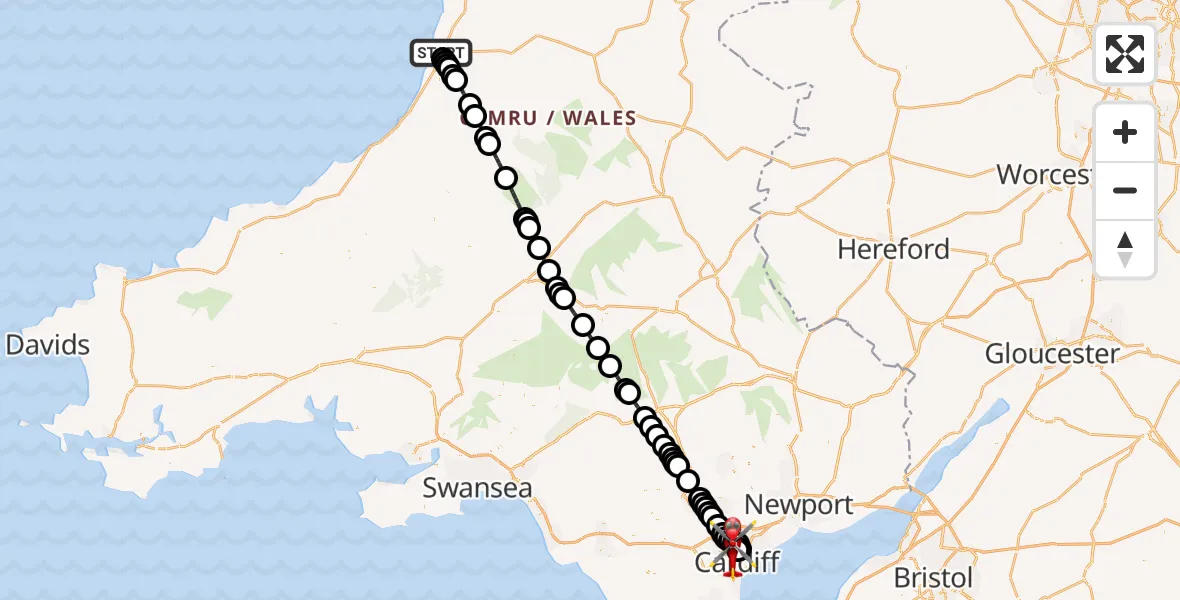 Flight route Air Ambulance Helicopter Aberystwyth - Birchgrove, 05 August 2026, 04:33