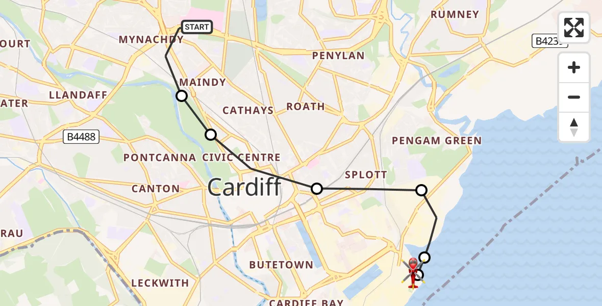 Flight route Air Ambulance Helicopter Birchgrove - Cardiff Heliport, 05 August 2026, 05:29