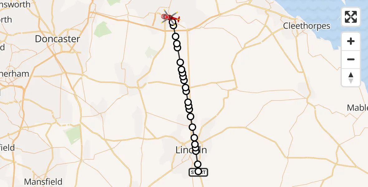 Flight route Air Ambulance Helicopter RAF Waddington - Scunthorpe, 05 August 2026, 06:36