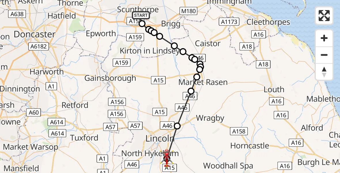Flight route Air Ambulance Helicopter Scunthorpe - North Kesteven, 05 August 2026, 07:06