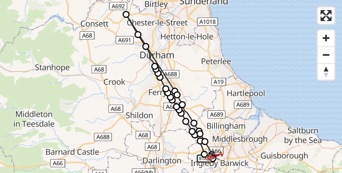 Flight route Air Ambulance Helicopter Egglescliffe - Preston-on-Tees, 05 August 2026, 07:07