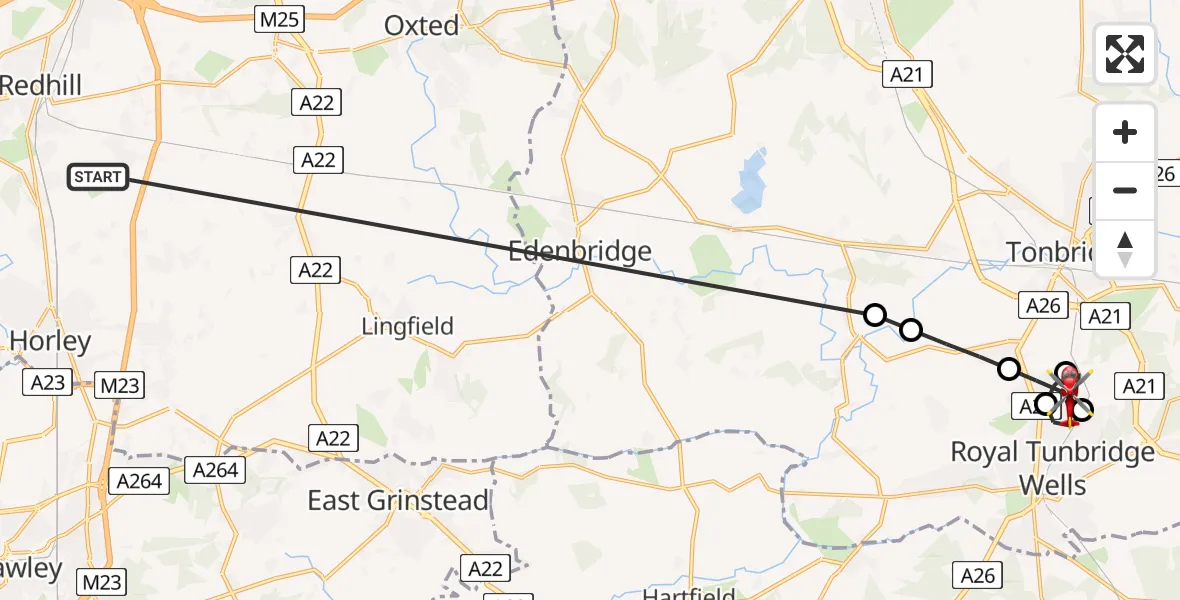 Flight route Air Ambulance Helicopter Redhill Aerodrome - Royal Tunbridge Wells, 05 August 2026, 07:16