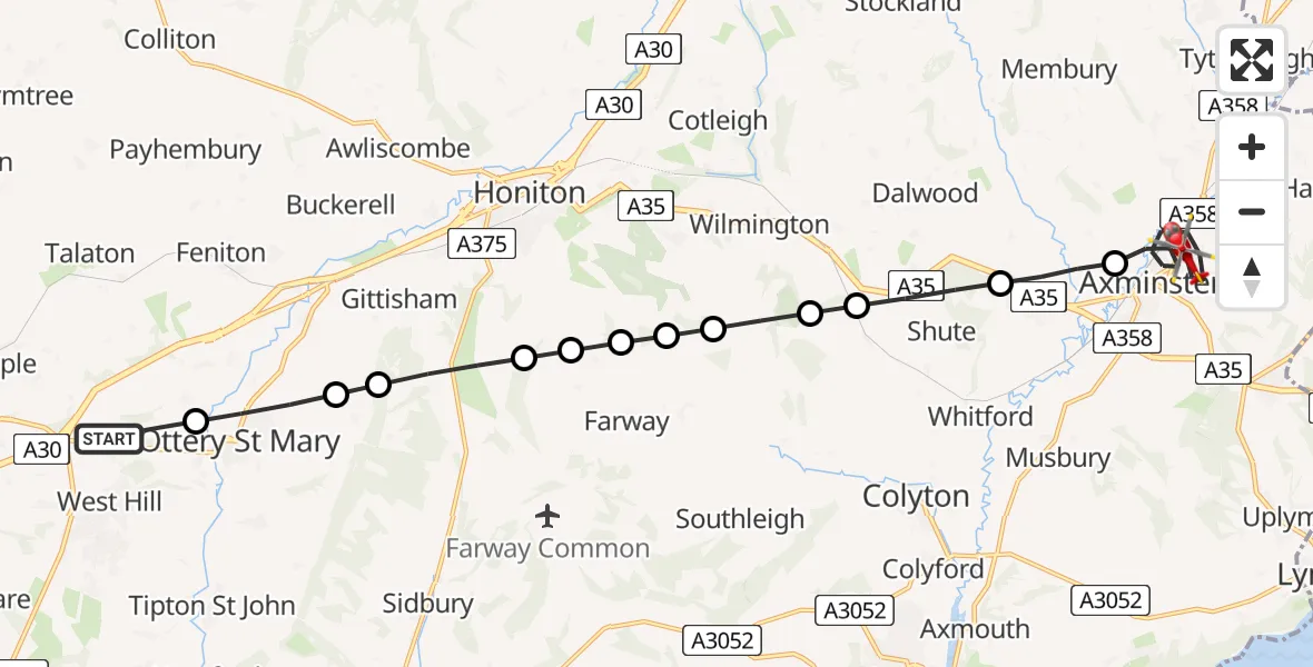 Flight route Air Ambulance Helicopter West Hill - Axminster, 05 August 2026, 07:25