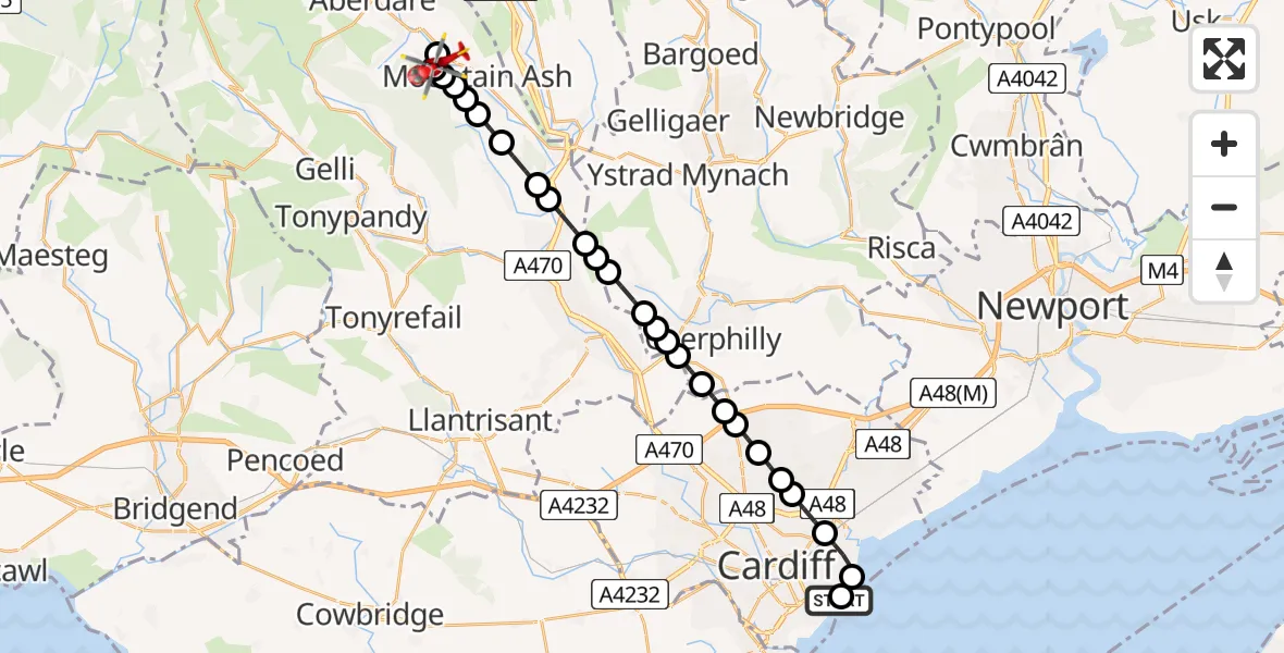 Flight route Air Ambulance Helicopter Cardiff Heliport - Cefnpennar, 05 August 2026, 07:24