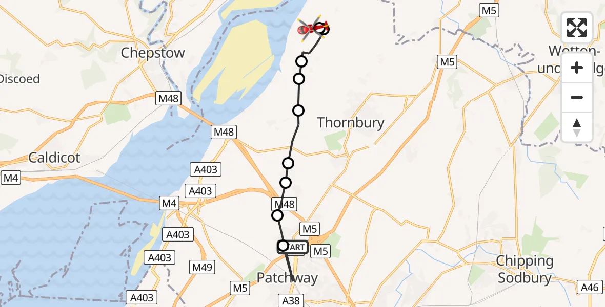 Flight route Air Ambulance Helicopter Almondsbury - Oldbury on Severn, 05 August 2026, 07:27