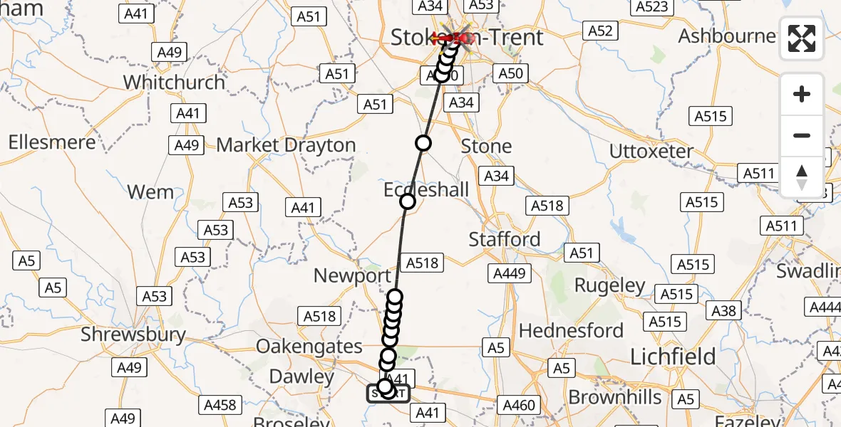 Flight route Air Ambulance Helicopter RAF Cosford - Stoke, 05 August 2026, 07:31