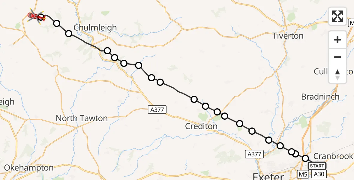 Flight route Air Ambulance Helicopter Clyst Honiton - Ashreigney, 05 August 2026, 07:35