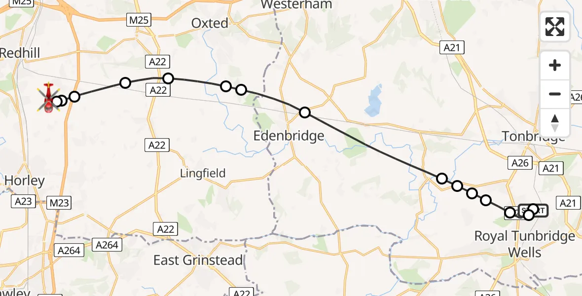 Flight route Air Ambulance Helicopter Southborough - Redhill Aerodrome, 05 August 2026, 07:38