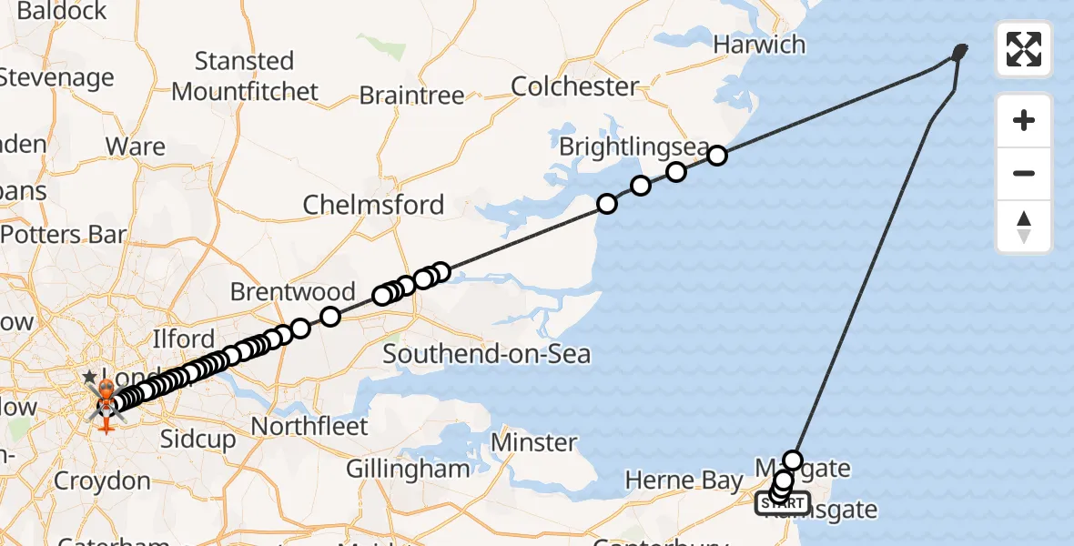 Flight route Coastguard Helicopter Manston Airport - Kings College London Hospital, 05 August 2026, 07:44