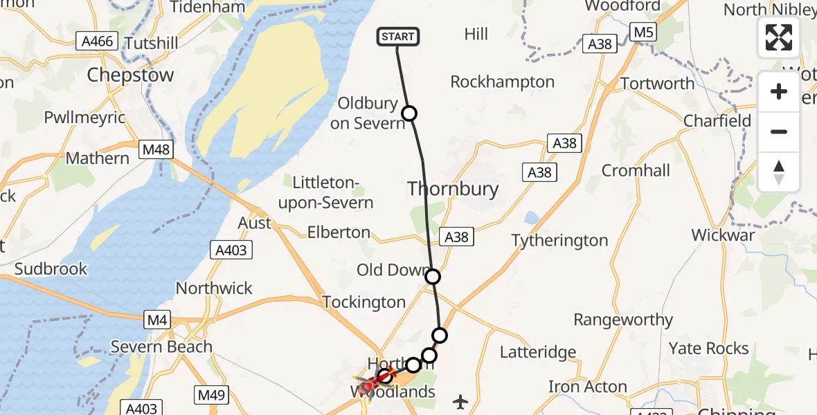 Flight route Air Ambulance Helicopter Oldbury on Severn - Almondsbury Helicopter Base, 05 August 2026, 08:07