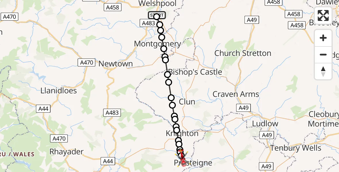 Flight route Air Ambulance Helicopter Welshpool Airport - Presteigne, 05 August 2026, 08:10