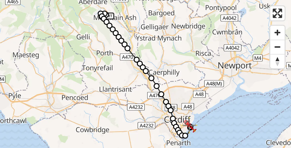 Flight route Air Ambulance Helicopter Fernhill - Cardiff Heliport, 05 August 2026, 08:19