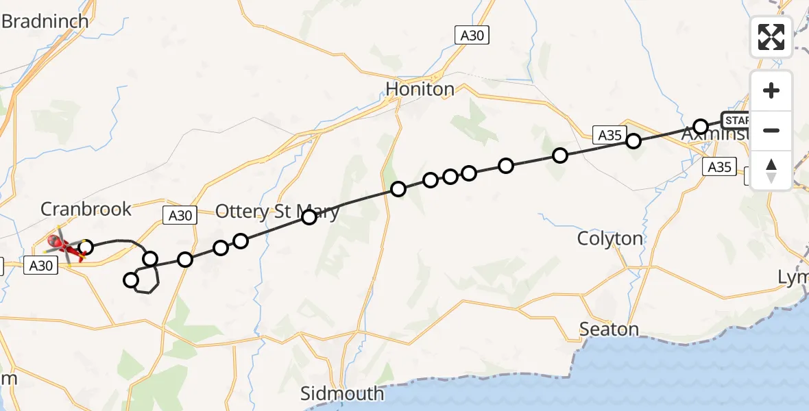 Flight route Air Ambulance Helicopter Axminster - Exeter International Airport, 05 August 2026, 08:27
