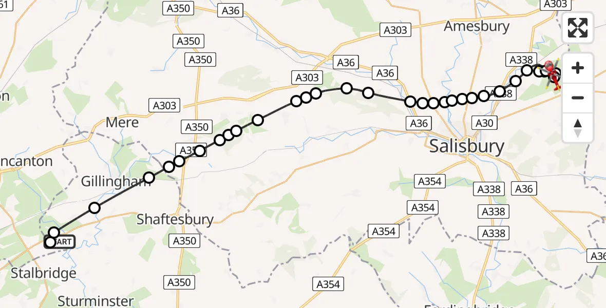 Flight route Air Ambulance Helicopter Henstridge Airfield - Idmiston, 05 August 2026, 08:30