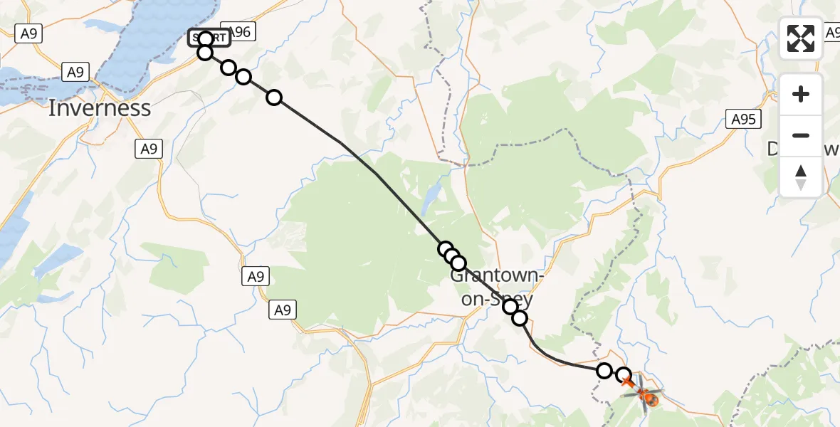 Flight route Coastguard Helicopter Inverness Airport - Tomintoul, 05 August 2026, 08:32