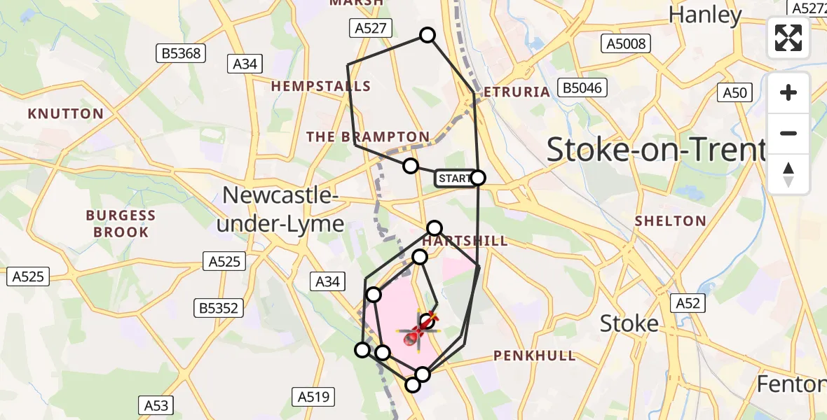 Flight route Air Ambulance Helicopter Stoke - University Hospital North Staffs, 05 August 2026, 08:33