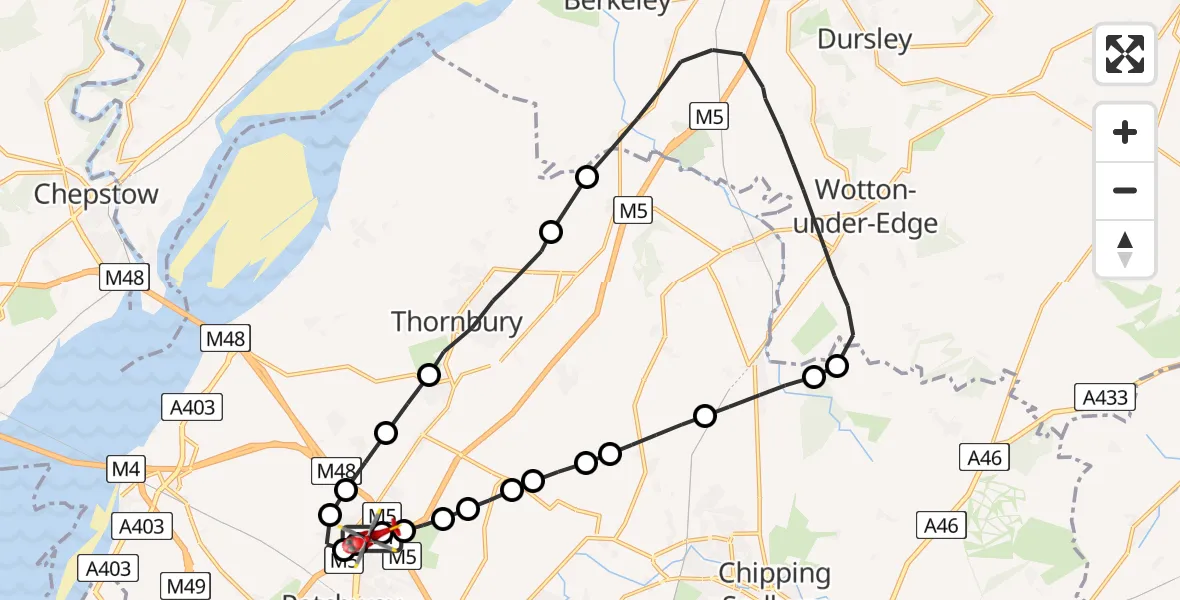 Flight route Air Ambulance Helicopter Almondsbury Helicopter Base - Almondsbury Helicopter Base, 05 August 2026, 08:37