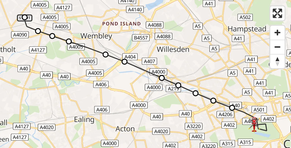 Flight route Air Ambulance Helicopter Sudbury Hill - City of Westminster, 05 August 2026, 08:40