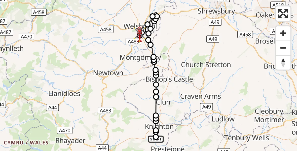 Flight route Air Ambulance Helicopter Whitton - Welshpool Airport, 05 August 2026, 09:00
