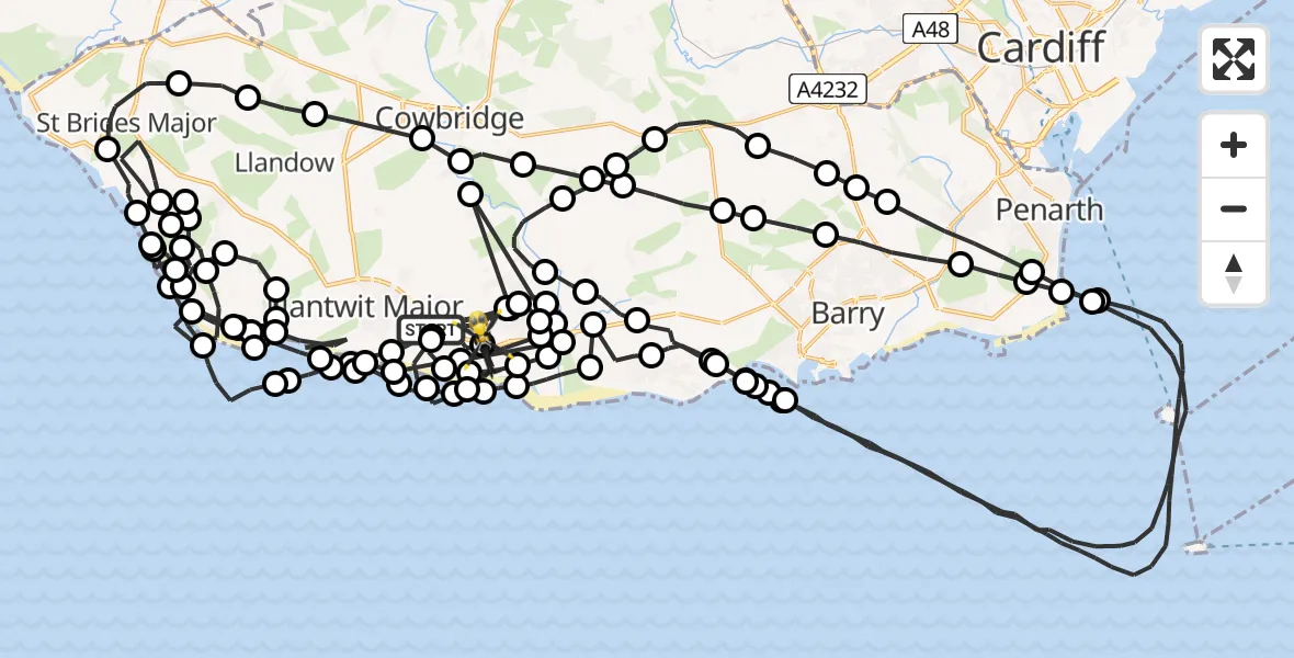 Flight route Police Helicopter Boverton - MOD St Athan, 05 August 2026, 09:00