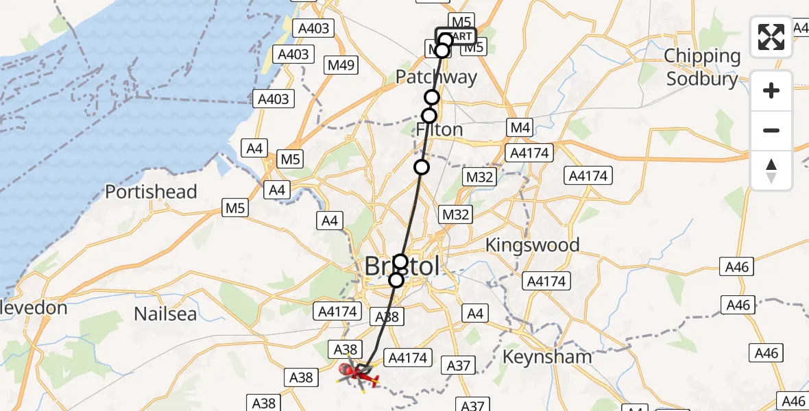 Flight route Air Ambulance Helicopter Almondsbury Helicopter Base - Bristol, 05 August 2026, 09:12