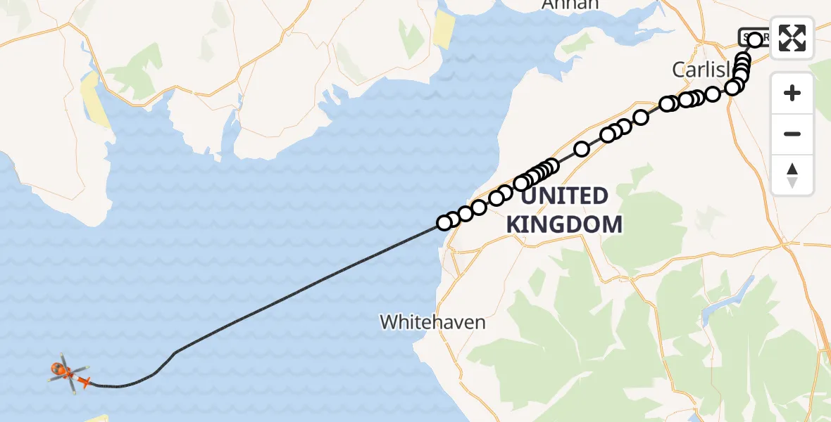 Flight route Coastguard Helicopter Carlisle Lake District Airport - Irish Sea, 05 August 2026, 09:14