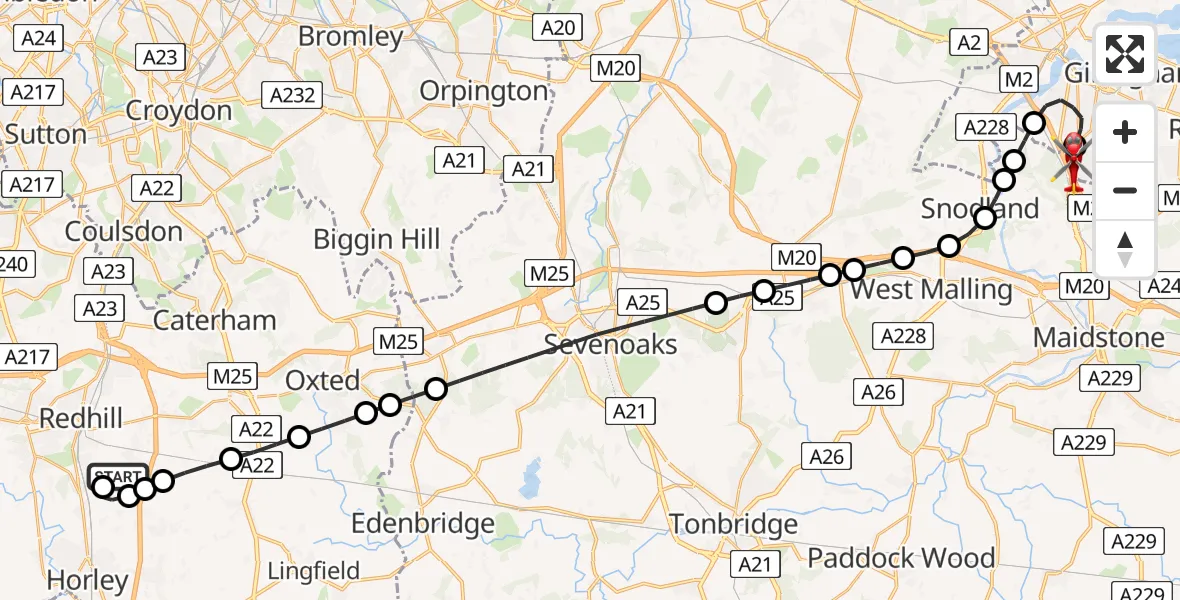 Flight route Air Ambulance Helicopter Redhill Aerodrome - Rochester Airport, 05 August 2026, 09:16