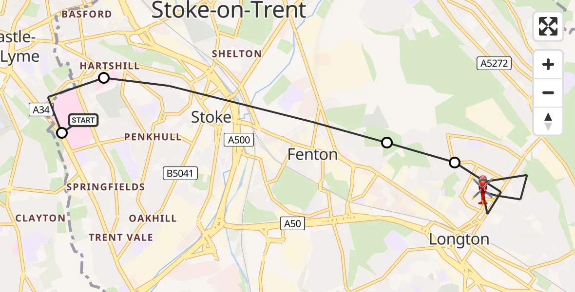 Flight route Air Ambulance Helicopter University Hospital North Staffs - Longton, 05 August 2026, 09:18