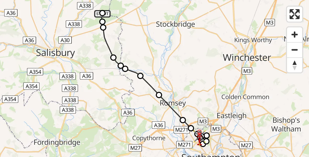 Flight route Air Ambulance Helicopter Newton Tony - University Hospital Southampton, 05 August 2026, 09:36