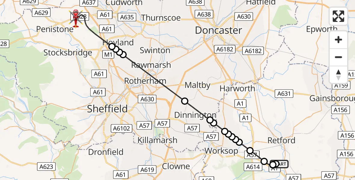 Flight route Air Ambulance Helicopter Retford Gamston Airport - Barnsley, 05 August 2026, 09:40