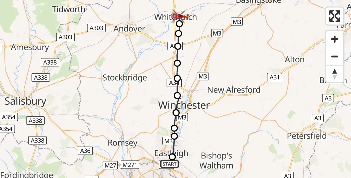 Flight route Air Ambulance Helicopter Southampton Airport - Whitchurch, 05 August 2026, 09:49