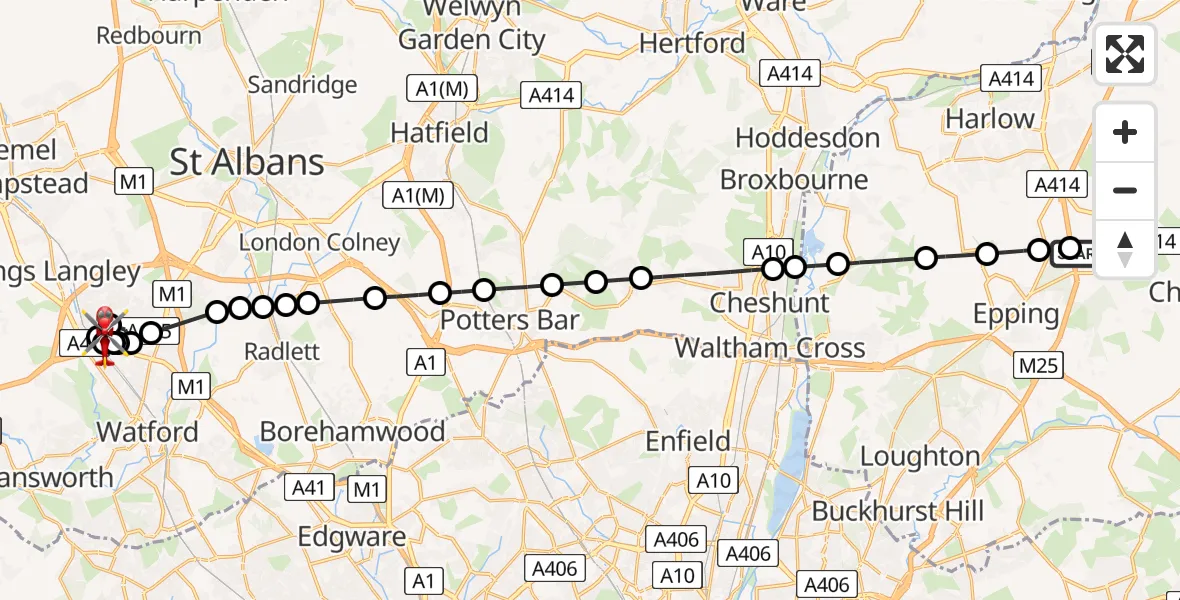 Flight route Air Ambulance Helicopter North Weald Airfield - Leavesden Aerodrome, 05 August 2026, 09:51