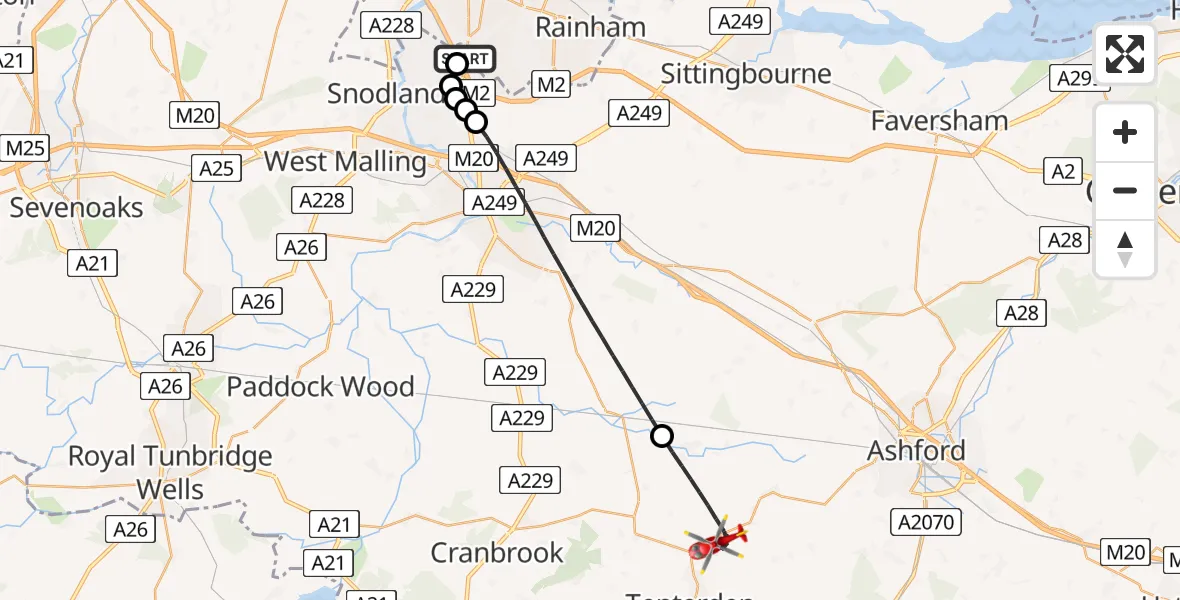 Flight route Air Ambulance Helicopter Rochester Airport - Ashford, 05 August 2026, 09:51