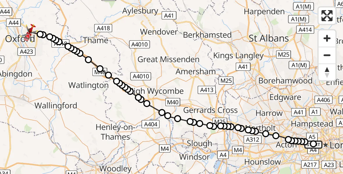 Flight route Air Ambulance Helicopter City of Westminster - Oxford, 05 August 2026, 09:54