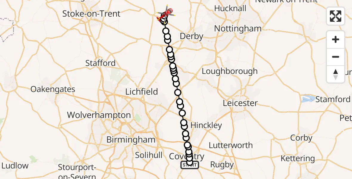 Flight route Air Ambulance Helicopter Coventry Airport - Bradley CP, 05 August 2026, 09:54