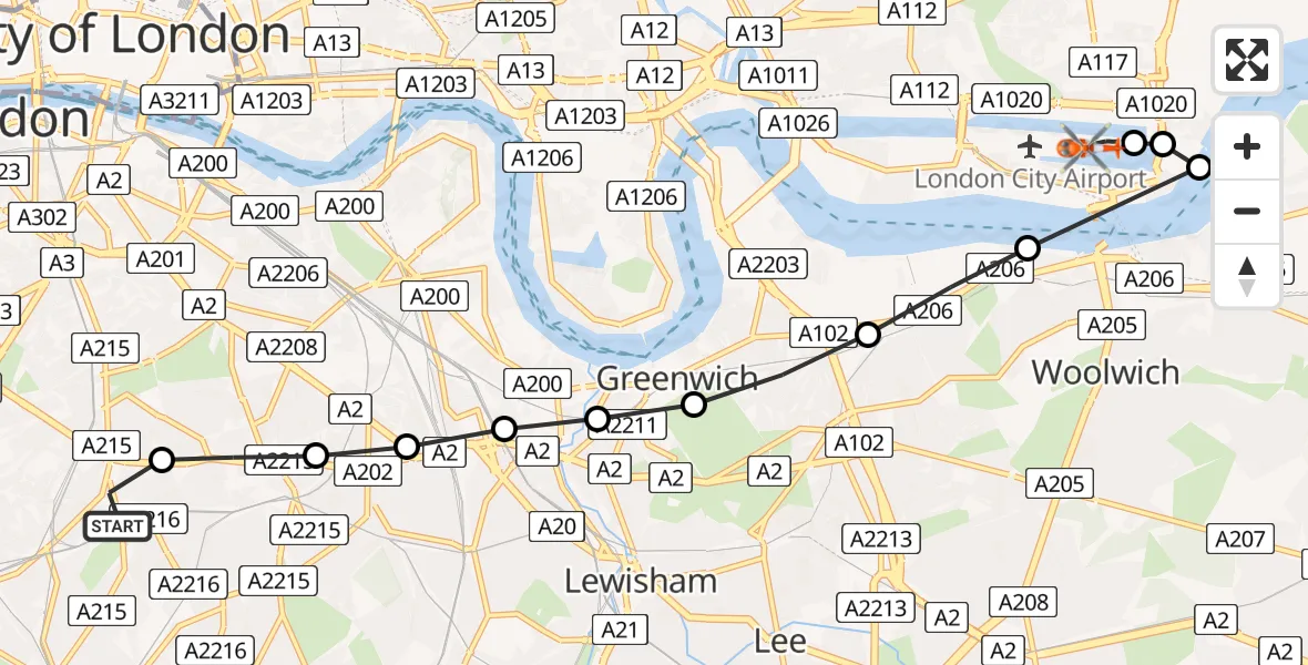 Flight route Coastguard Helicopter Kings College London Hospital - London City Airport, 05 August 2026, 09:58