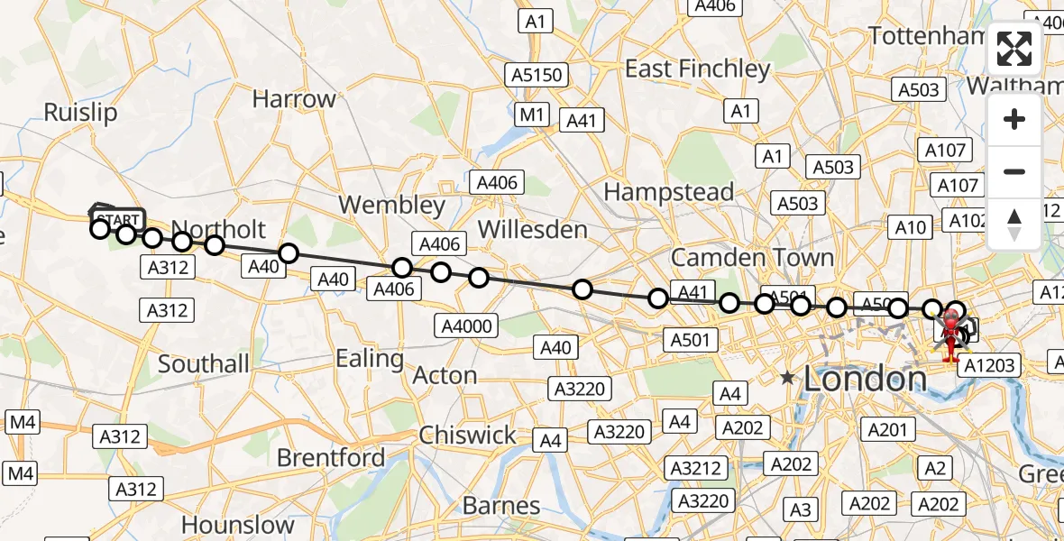 Flight route Air Ambulance Helicopter RAF Northolt - Royal London Hospital, 05 August 2026, 10:10