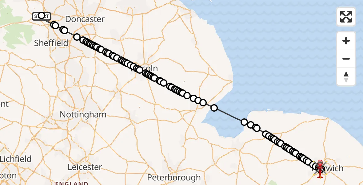 Flight route Air Ambulance Helicopter Barnsley - Norfolk & Norwich Hospital, 05 August 2026, 10:18