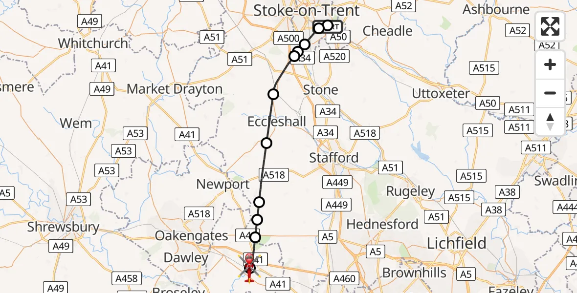 Flight route Air Ambulance Helicopter Longton - Cosford, 05 August 2026, 10:34