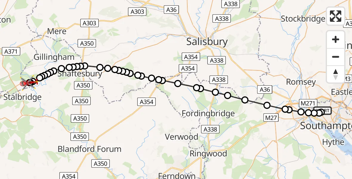 Flight route Air Ambulance Helicopter University Hospital Southampton - Henstridge Airfield, 05 August 2026, 10:38