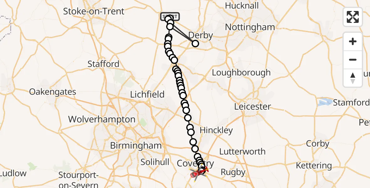 Flight route Air Ambulance Helicopter Derbyshire Dales - Coventry Airport, 05 August 2026, 10:44