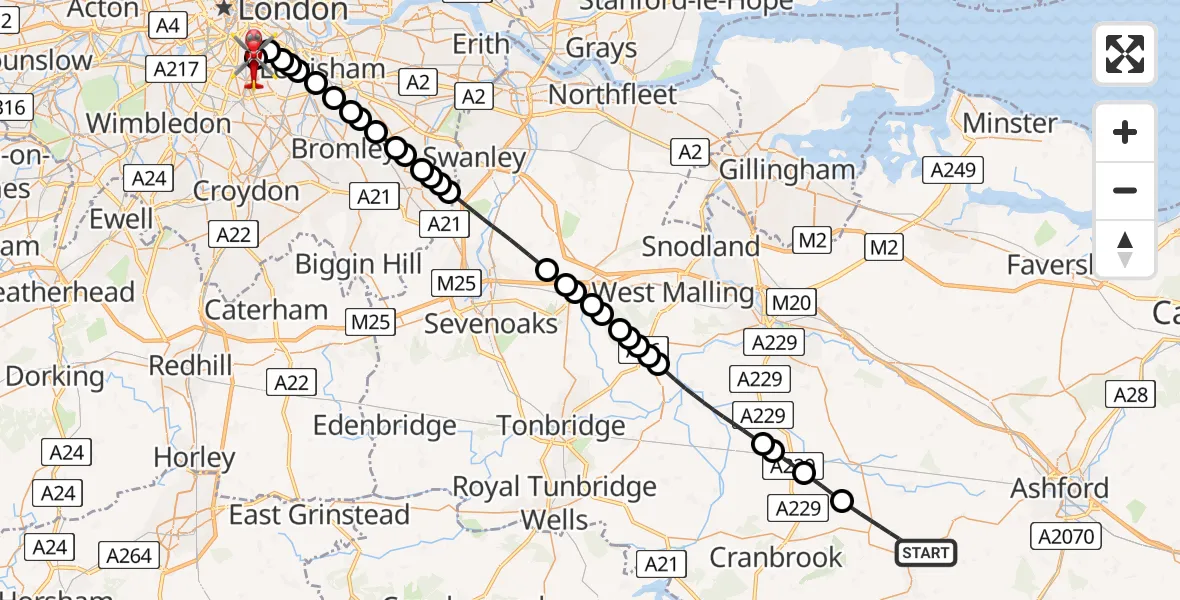 Flight route Air Ambulance Helicopter Ashford - Kings College London Hospital, 05 August 2026, 10:45