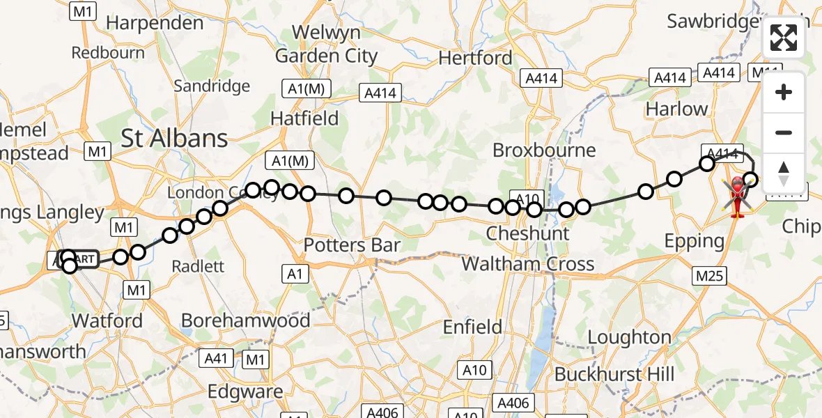 Flight route Air Ambulance Helicopter Leavesden Aerodrome - North Weald Airfield, 05 August 2026, 10:53