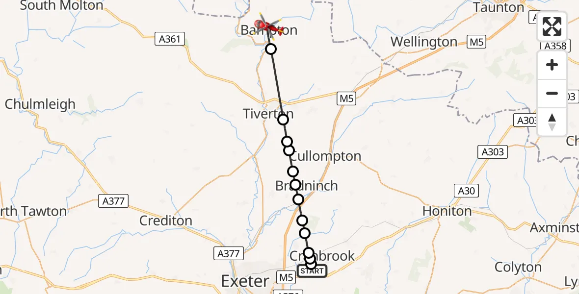 Flight route Air Ambulance Helicopter Exeter International Airport - Bampton, 05 August 2026, 11:00