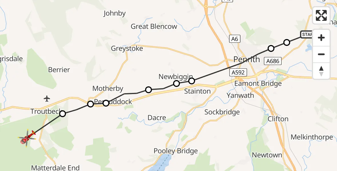 Flight route Air Ambulance Helicopter Edenhall - Mungrisdale, 05 August 2026, 11:02