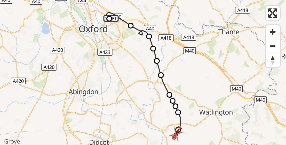 Flight route Air Ambulance Helicopter John Radcliffe Hospital - RAF Benson, 05 August 2026, 11:10